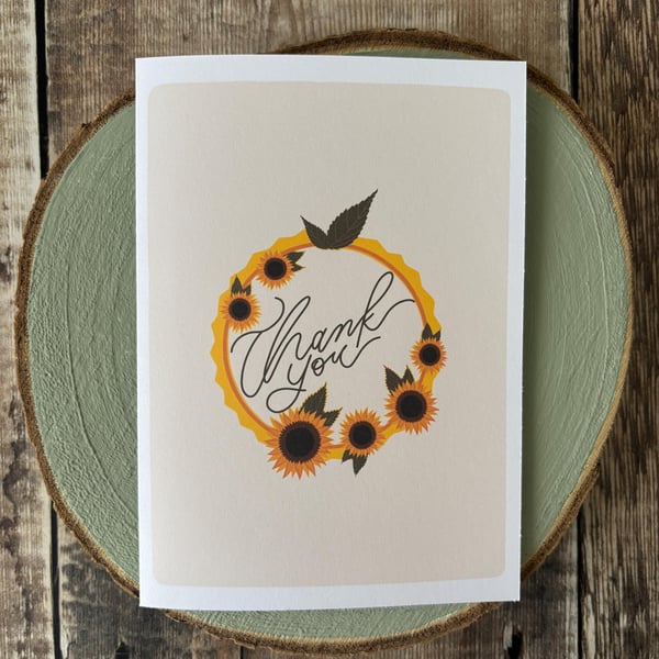 Thank You, Modern Calligraphy, Sunflower Wreath, Greeting Card, Floral Illustra 