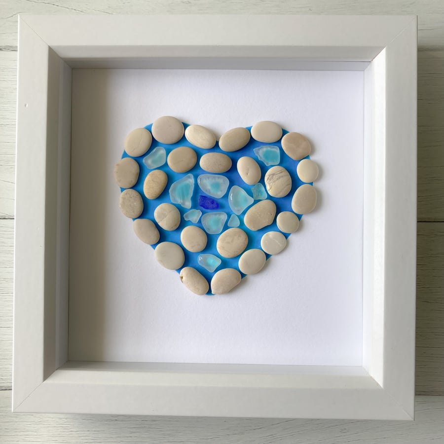 SALE Pebble and sea glass heart box frame art