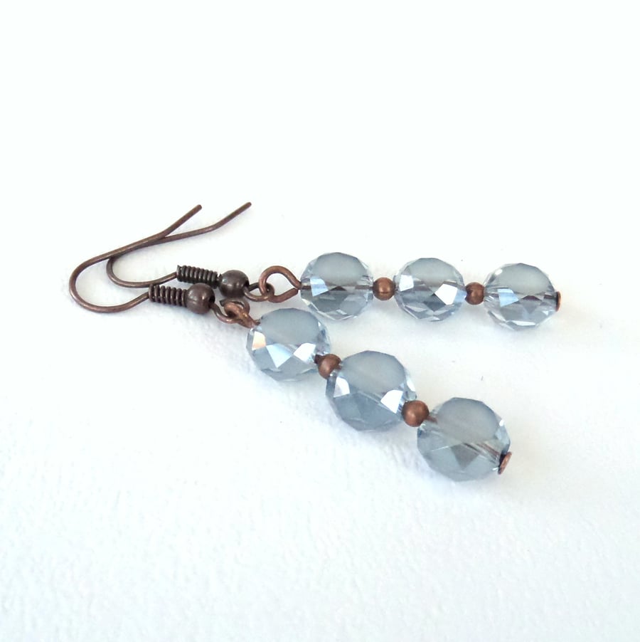 Handmade delicate blue crystal coin dangly copper earrings