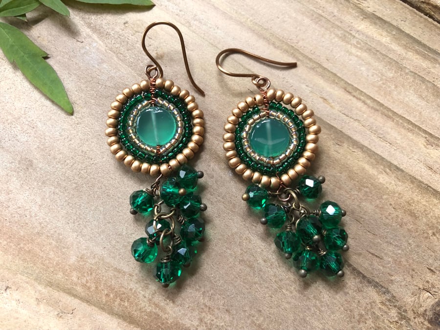 Green & Gold Beaded Dangle Earrings. Bohemian Beaded Circle With Dangly Cluster 