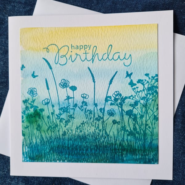 Blue yellow wildflower watercolour birthday card