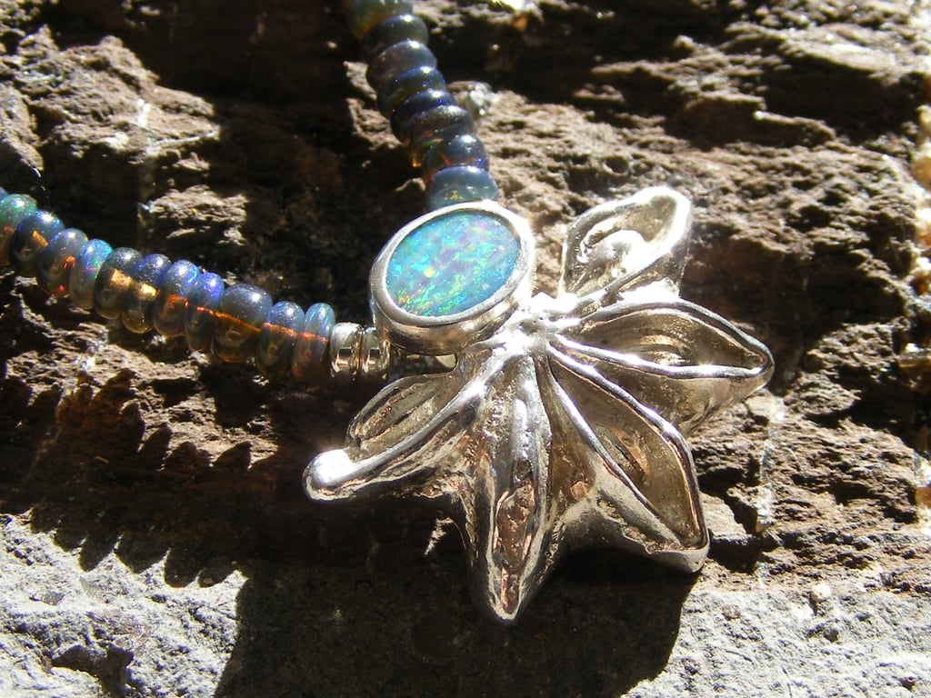 Sterling Silver and Opal Star Anise Necklace  - Fully Hallmarked