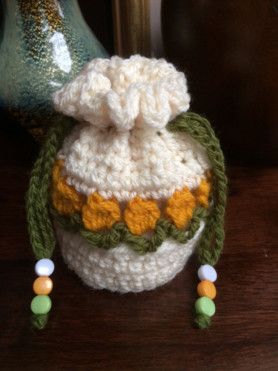 Hand Crocheted Mustard Yellow Tulips Drawstring Bag Handbag Purse