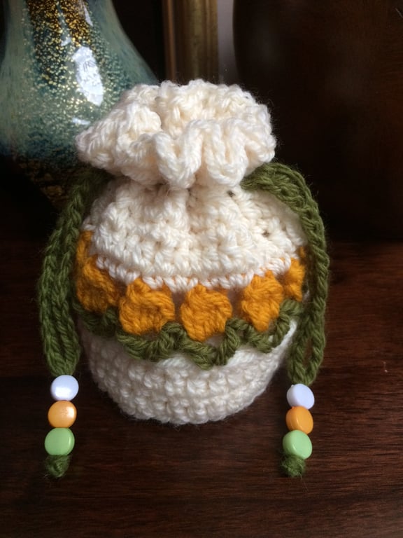 Hand Crocheted Mustard Yellow Tulips Drawstring Bag Handbag Purse