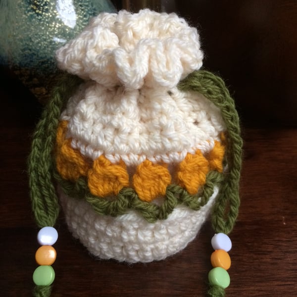 Hand Crocheted Mustard Yellow Tulips Drawstring Bag Handbag Purse