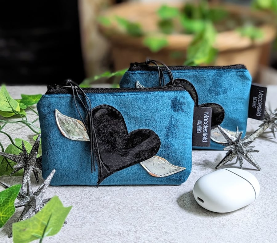 Teal Velvet Heart and Wings Motif Purse (P&P included)