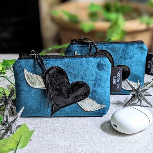 Teal Velvet Heart and Wings Motif Purse (P&P included)