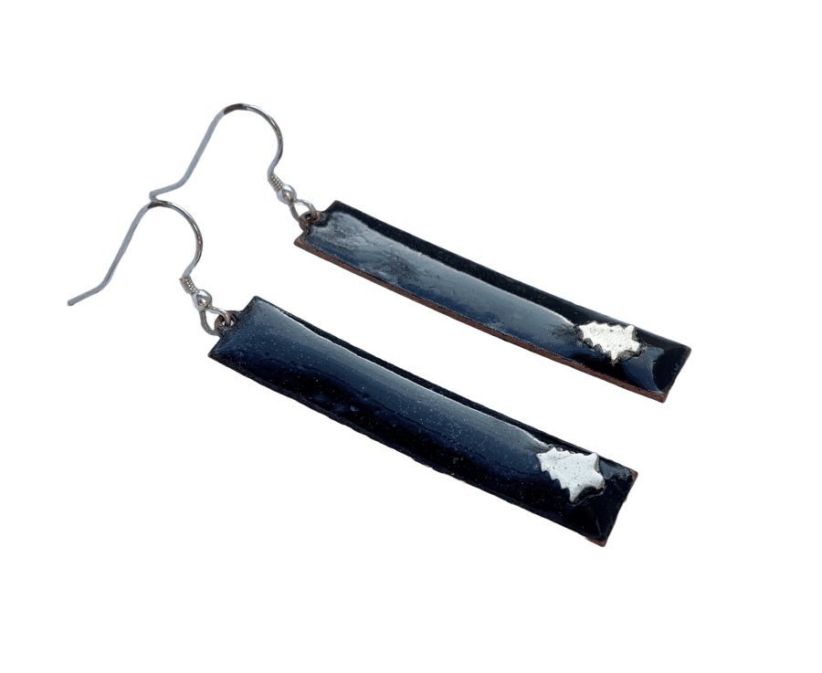 Dangly Black Enamel Earrings with Silver Christmas Tree - perfect party wear!
