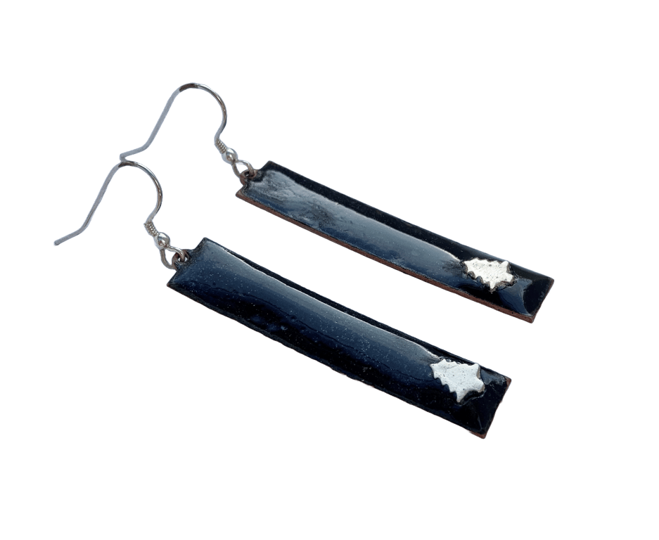 Dangly Black Enamel Earrings with Silver Christmas Tree - perfect party wear!