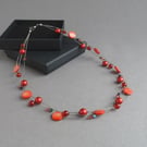 Bright Red Multi-strand Necklace - Coral Red Three Strand Necklaces - Christmas