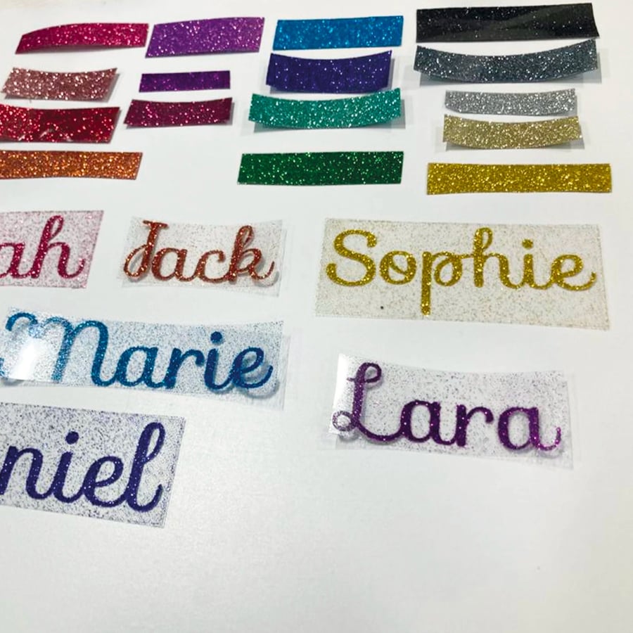 Personalised Glitter Iron On Name Label - Heat Transferred - Size 3, 5, 7cm 