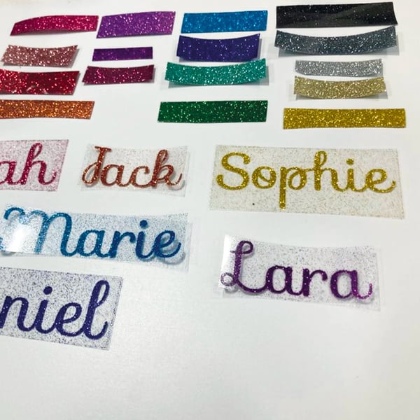 Personalised Glitter Iron On Name Label - Heat Transferred - Size 3, 5, 7cm 