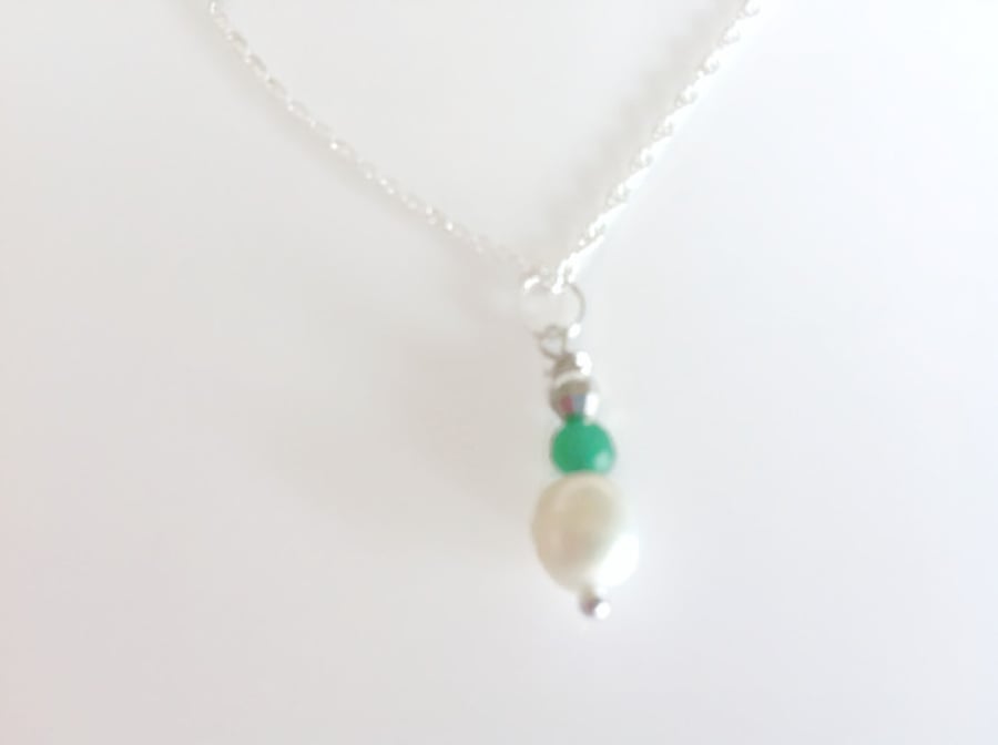 Green Emerald Gemstone & Pearl Sterling Silver Pendant Necklace