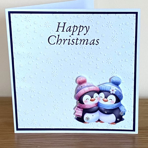 Handmade Cute Penguin Embossed Christmas Card