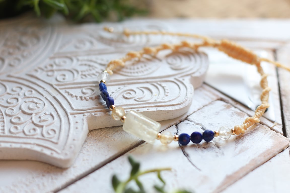 Lapis and Citrine Macrame Bracelet Handmade Natural Gemstone Bracelet