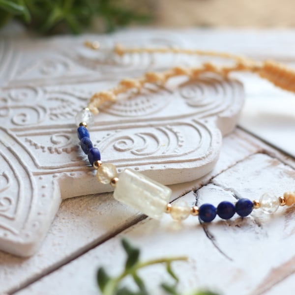 Lapis and Citrine Macrame Bracelet Handmade Natural Gemstone Bracelet