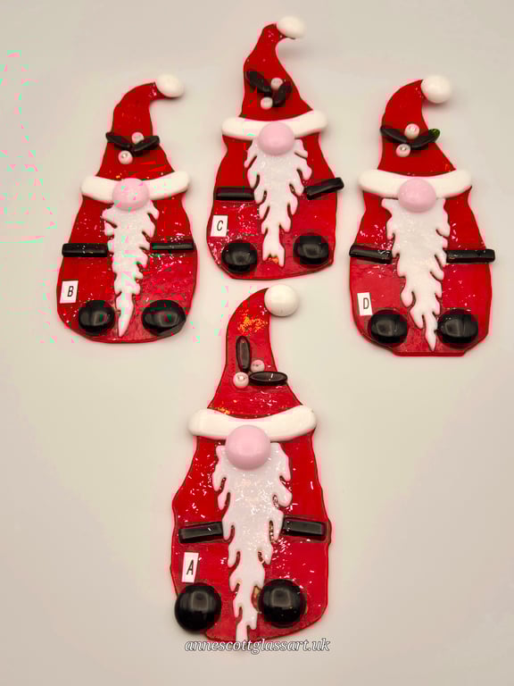 Fused Glass Santa Gnome Christmas Decoration with Mistletoe  detail with Stand