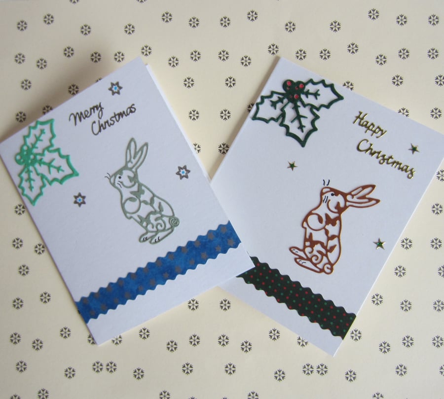 2 Christmas Bunny Rabbit Cards
