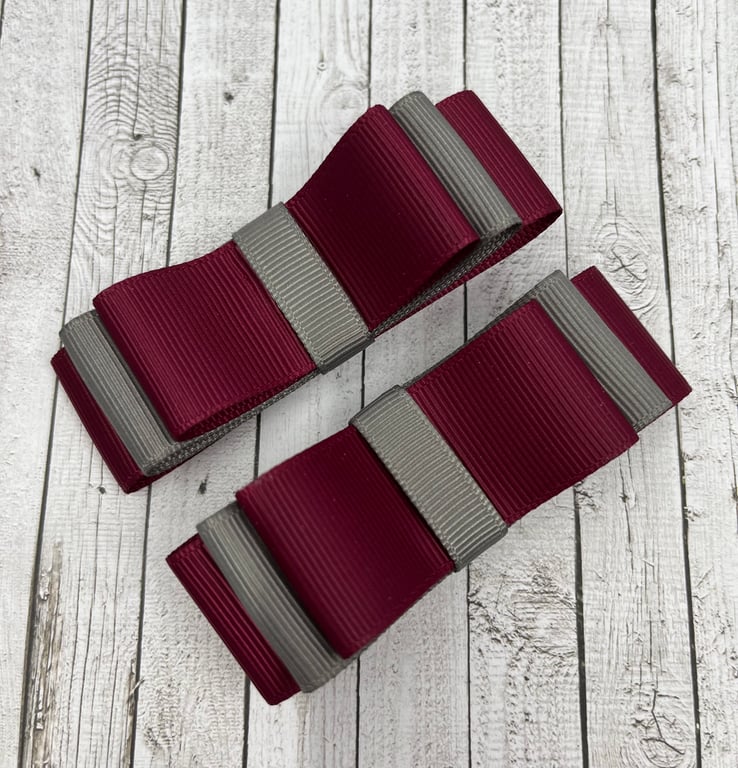 School Wine and Grey 3 inch Straight Bows on Clips (pair)