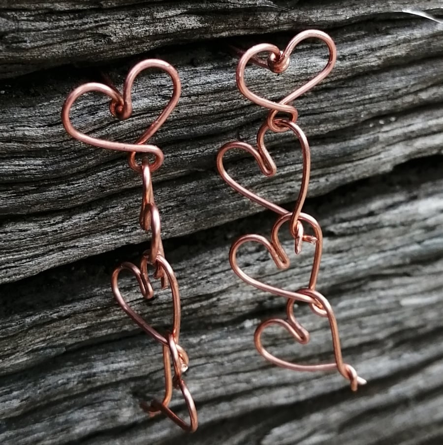Copper love hearts chain stud earrings, valentine's day gift