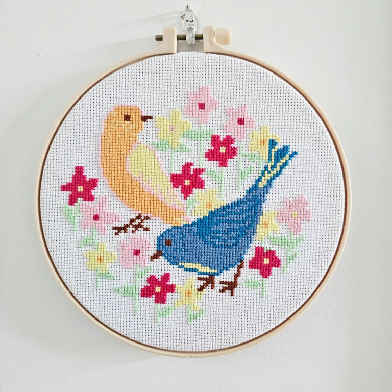 Colourful Birds Cross-Stitch Wall Art – Framed Home Décor