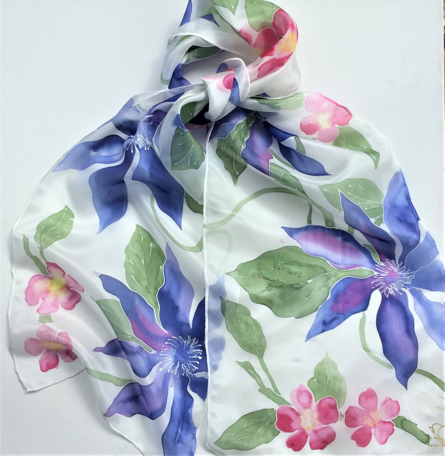 Blue Clematis and Roses  hand painted silk scarf 