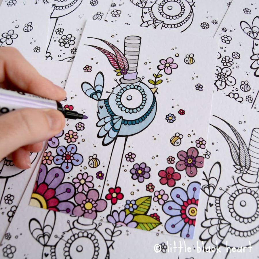 colour your own print - top hat bird (A6)