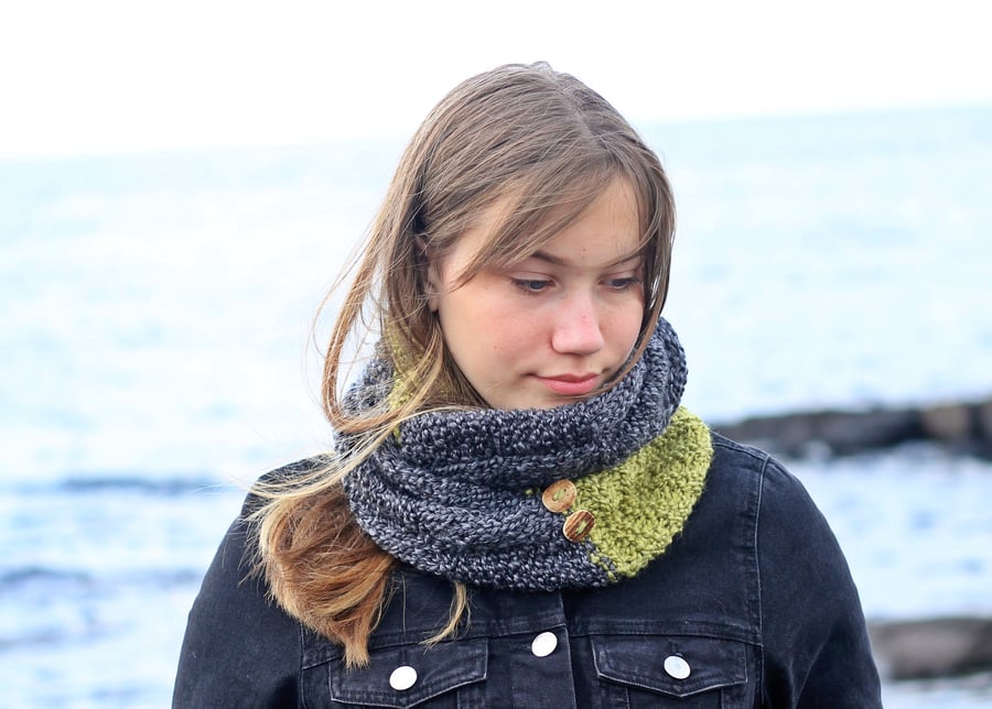 Scarf infinity, cowl, knitted snood, apple green and grey, women's gift guide