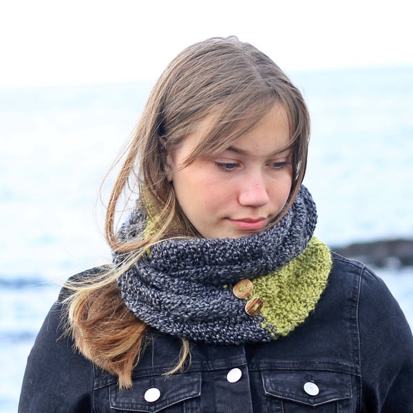 Scarf infinity, cowl, knitted snood, apple green and grey, women's gift guide