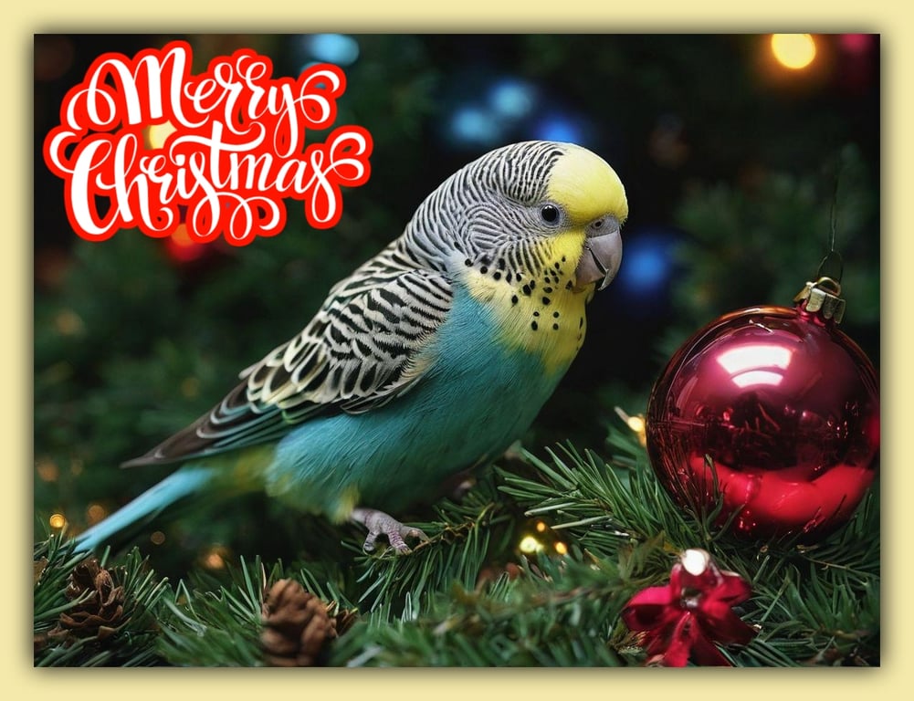 A5 Christmas Greeting Card Budgie With Bauble  