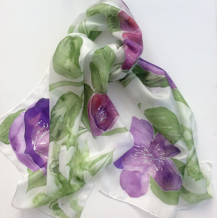 Snowdrops and Hellebores hand painted silk scarf