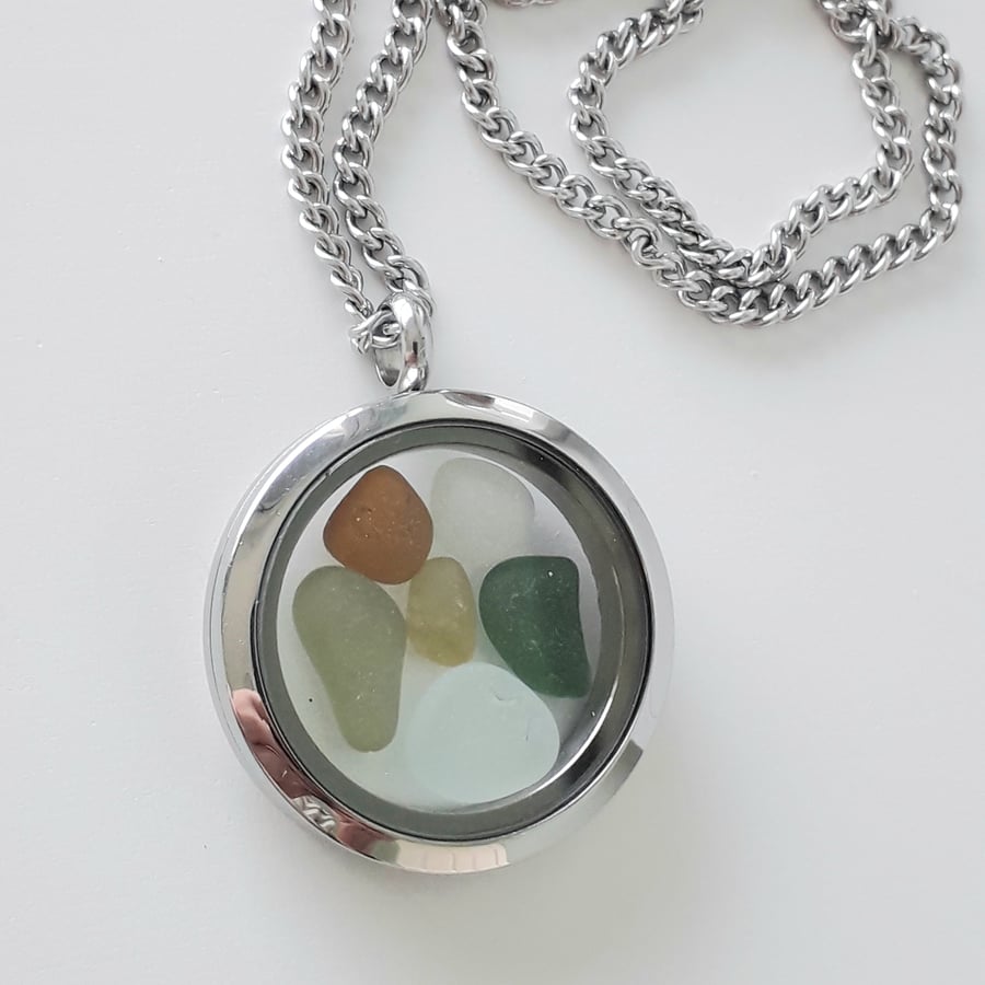 Sea Glass Necklace, Stainless Steel & Glass Pendant 