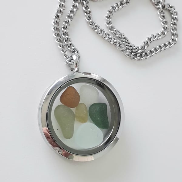 Sea Glass Necklace, Floating Locket, Stainless Steel & Seaham Glass Pendant 