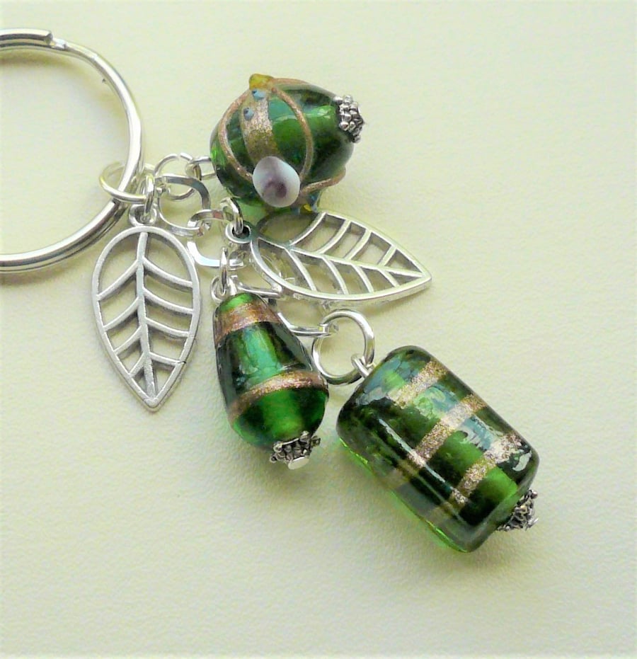 Dark Green Indian Glass Lampwork Bead Silver Leaf Keyring Bag Charm   KCJ2118