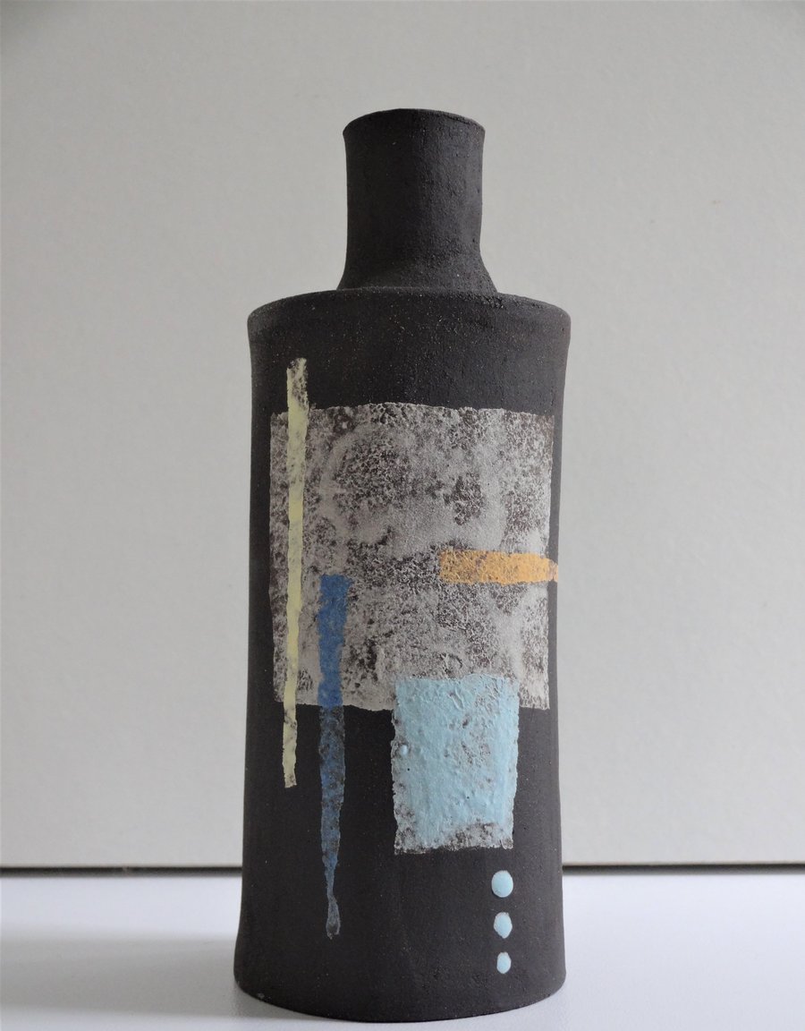 Becky.  Black stoneware ceramic bottle, colourblock design