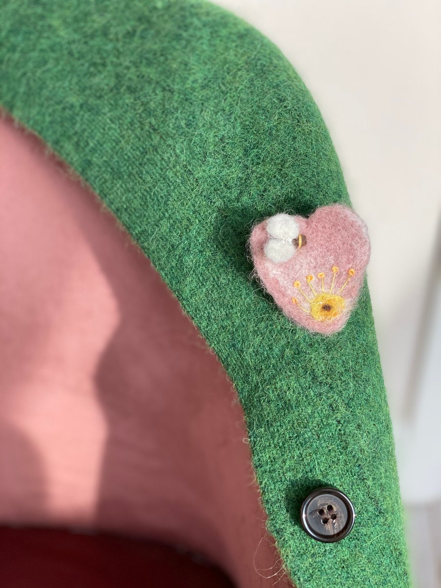 Needle felted rose petal and tiny bee brooch 