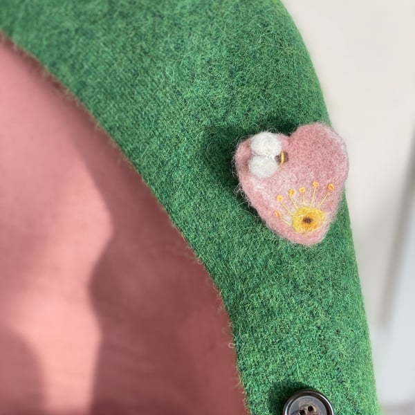 Needle felted rose petal and tiny bee brooch 