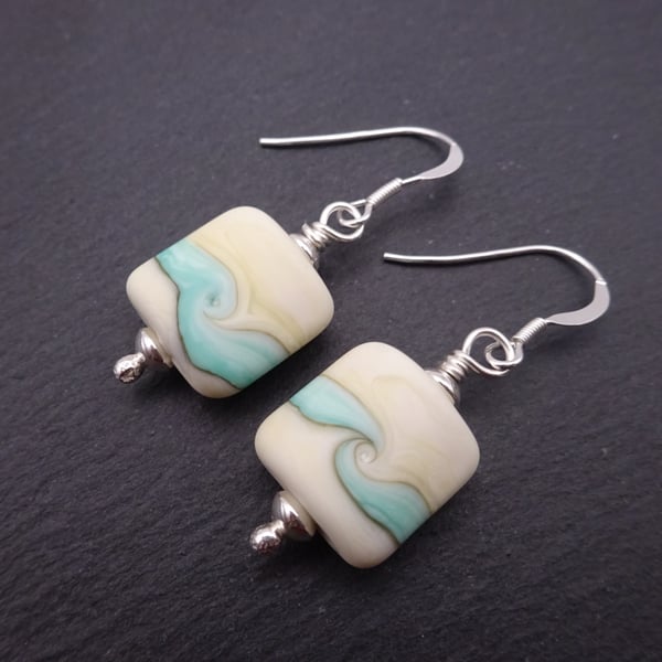 lampwork glass earrings, green swirl