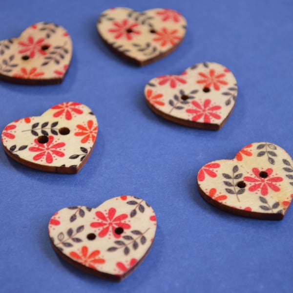 Wooden Heart Buttons Floral Retro Red and Black 6pk 25x22mm (H5)