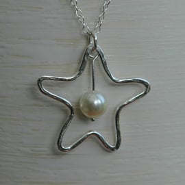Silver Star Pendant with Freshwater  Pearl.  