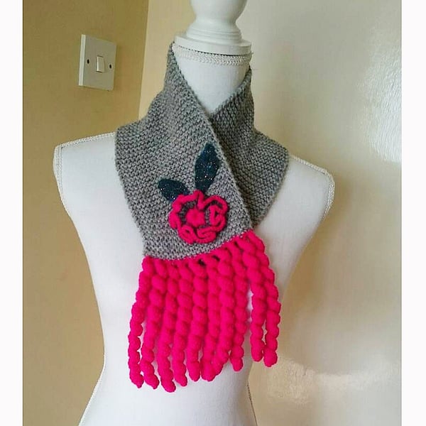 Boho Hand Knitted Warmer Neck Wrap Gray Shawl - Pink Fringed Knit Collar