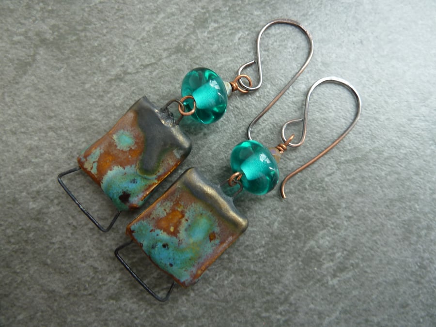 copper, teal lampwork glass and ceramic earrings