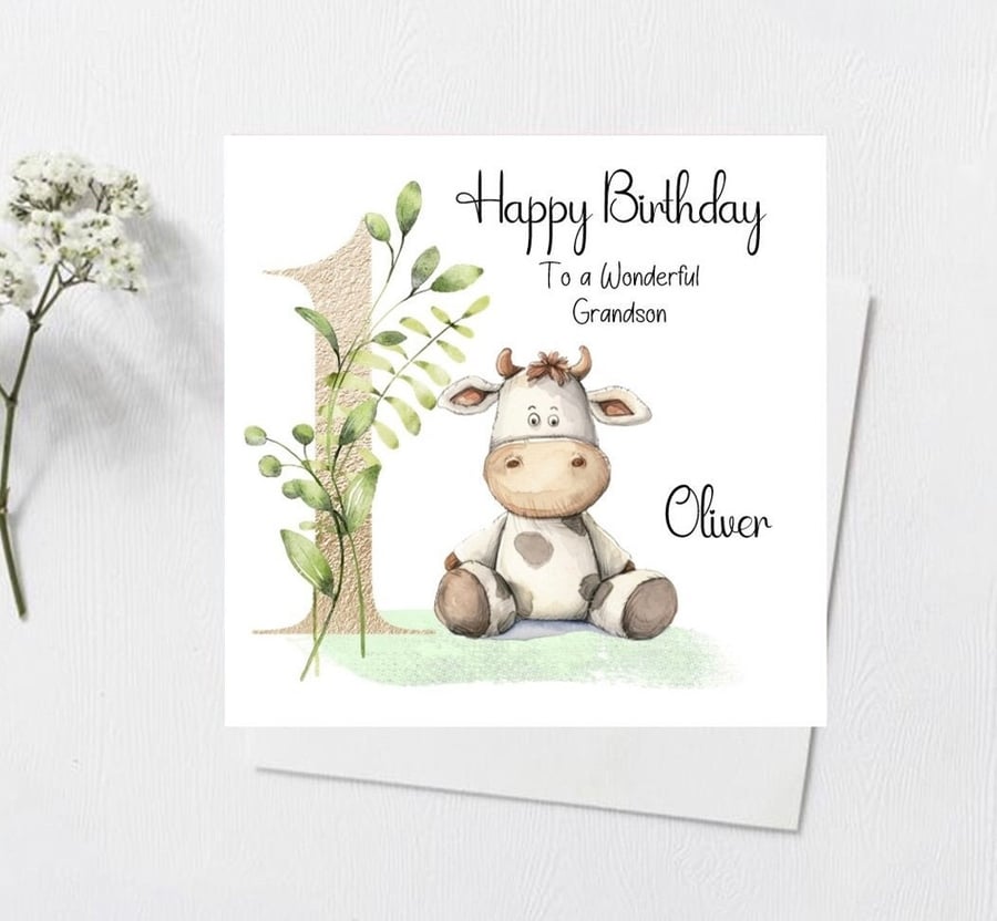 Personalised Girls or Boys 1st Birthday Cow Card Handmade First Birthday Card