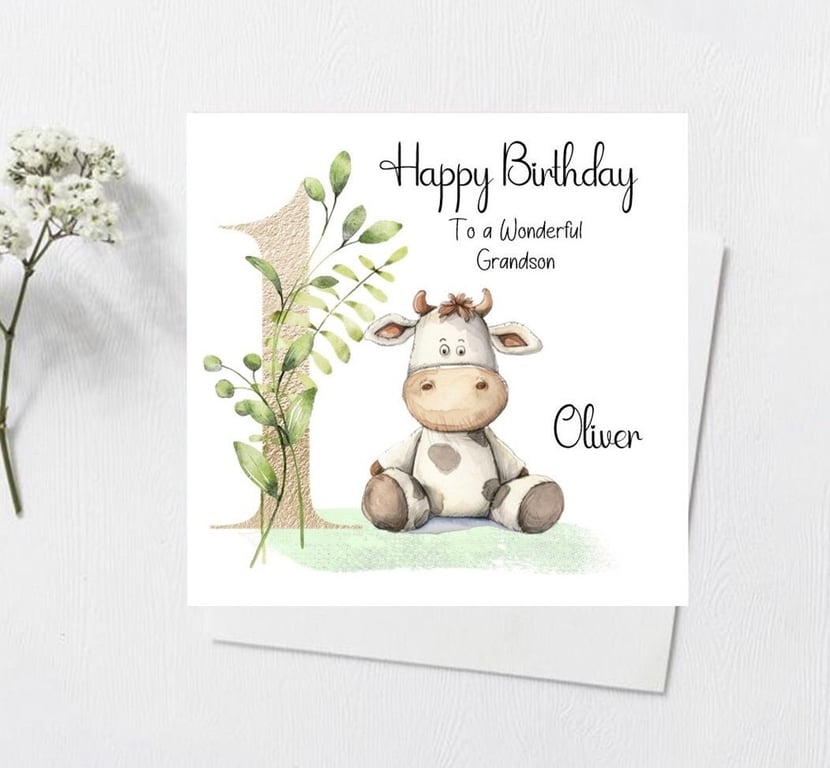 Personalised Girls or Boys 1st Birthday Cow Card Handmade First Birthday Card