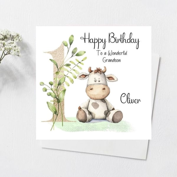 Personalised Girls or Boys 1st Birthday Cow Card Handmade First Birthday Card