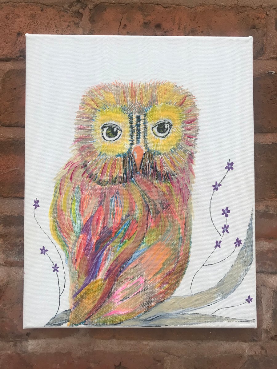 .Wise colourful owl painting on canvas.