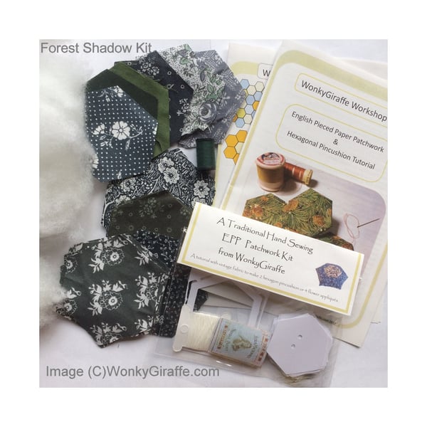 Starter EPP Hand Patchwork Kit vintage Laura Ashley grey greenfabric hexagons 