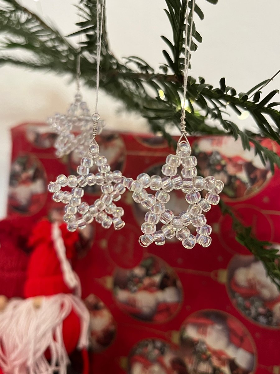 3 Beaded White Stars Decorations 