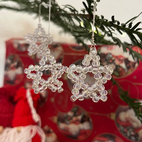 3 Beaded White Stars Decorations 
