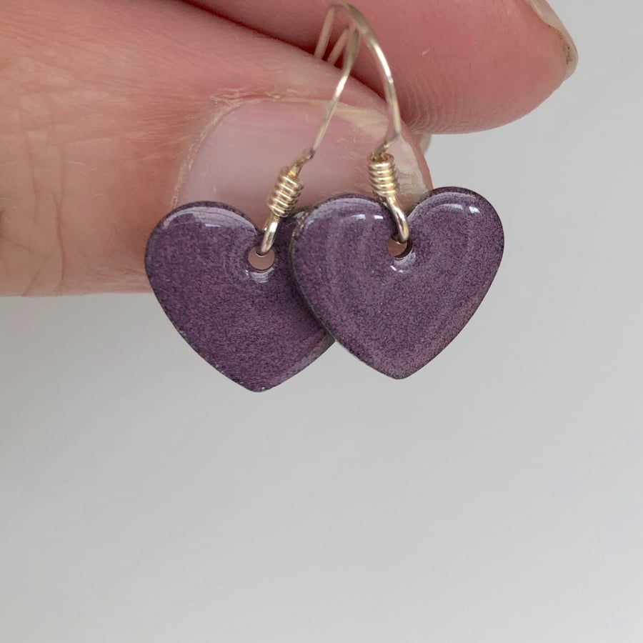 Purple enamel heart charm, sterling silver earrings 